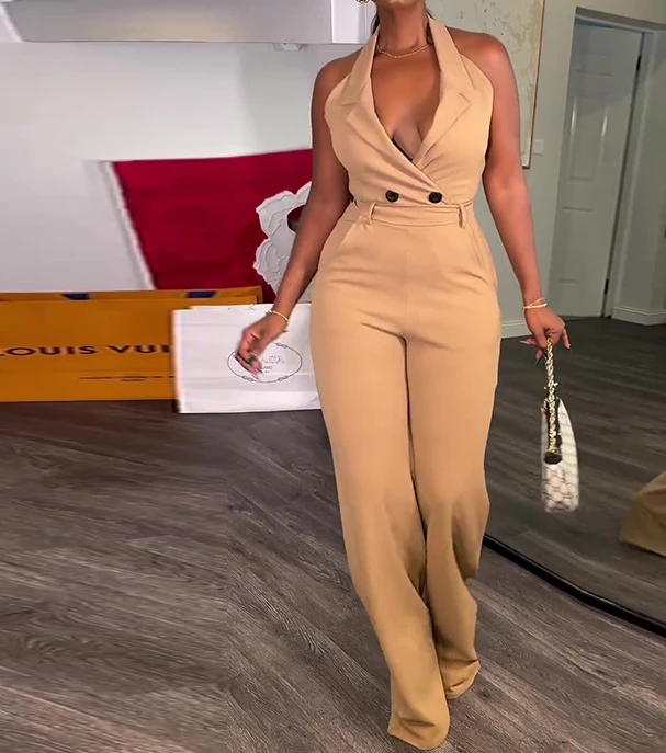 2024 Women Elegant Jumpsuit Hanging Neck Sleeveless Backless High Waist Pocket Belt Casual Straight Leg Wide Leg Pants Jumpsuit
2024 Women Elegant Jumpsuit Hanging Neck Sleeveless Backless High Waist Pocket Belt Casual Straight Leg Wide Leg Pants Jumpsuit