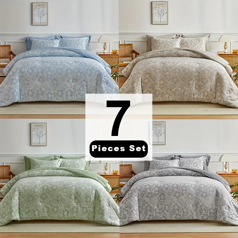 7pcs Comforter Sets Queen/King, Botanical Flower Leaves Pattern, Soft Lightweight Yarn Dyed Double-layer Gauze Fabric Comforter
7pcs Comforter Sets Queen/King, Botanical Flower Leaves Pattern, Soft Lightweight Yarn Dyed Double-layer Gauze Fabric Comforter