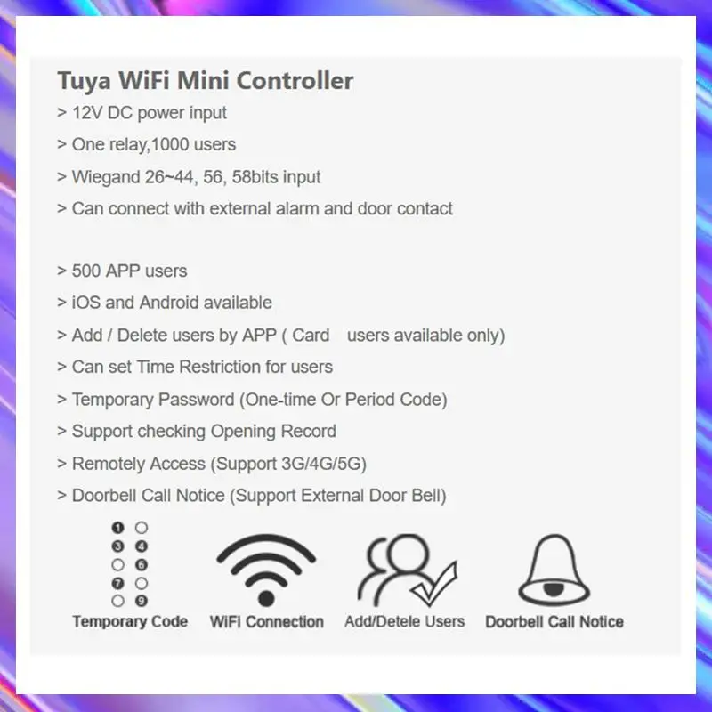 Sboard Wi-Fi Пульт дистанционного управления Мини-размер Wi-Fi Пульт дистанционного управления доступом Панель 12 В Wiegand 26-44 Биты Вход Tuya 1000 Пользователь
Sboard Wi-Fi Пульт дистанционного управления Мини-размер Wi-Fi Пульт дистанционного управления доступом Панель 12 В Wiegand 26-44 Биты Вход Tuya 1000 Пользователь