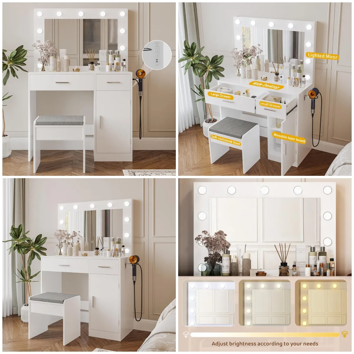 Vanity Desk with Mirror, Large Drawer, Power Socket, 11 Bulbs, 3 Lighting Modes, White
Vanity Desk with Mirror, Large Drawer, Power Socket, 11 Bulbs, 3 Lighting Modes, White
