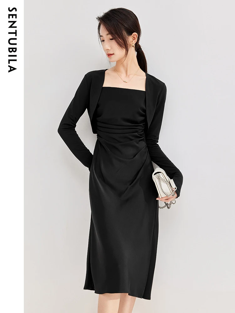 SENTUBILA Women's Hepburn Style Two-Piece Dress 2024 New Autumn Cropped Cardigan Jacket Ruched Slip Black Dresses Sets 133Z51450
SENTUBILA Women's Hepburn Style Two-Piece Dress 2024 New Autumn Cropped Cardigan Jacket Ruched Slip Black Dresses Sets 133Z51450