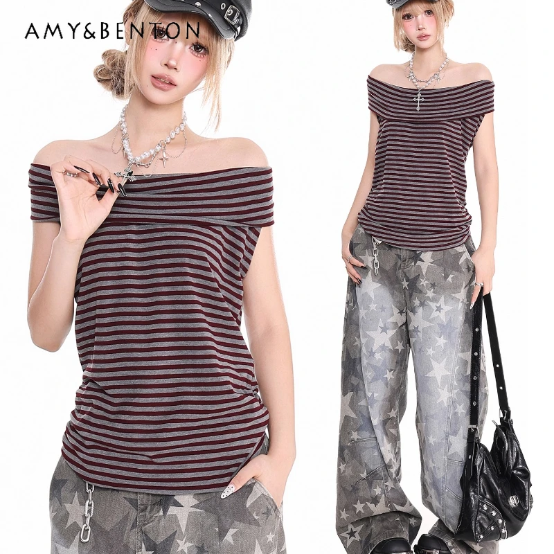 Summer New Retro Striped Women's T-Shirt Original Design Slimming Versatile Sweet Cool Temperament Off-Shoulder T-Shirts Ladies
Summer New Retro Striped Women's T-Shirt Original Design Slimming Versatile Sweet Cool Temperament Off-Shoulder T-Shirts Ladies