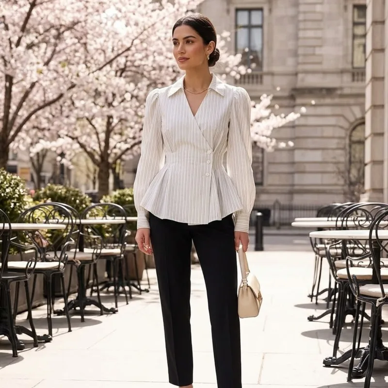 Slimming Striped Polo Collar Long Sleeve Top High End Designer Look Spring New Chic Casual Office Elegant Date Outfit For Women
Slimming Striped Polo Collar Long Sleeve Top High End Designer Look Spring New Chic Casual Office Elegant Date Outfit For Women