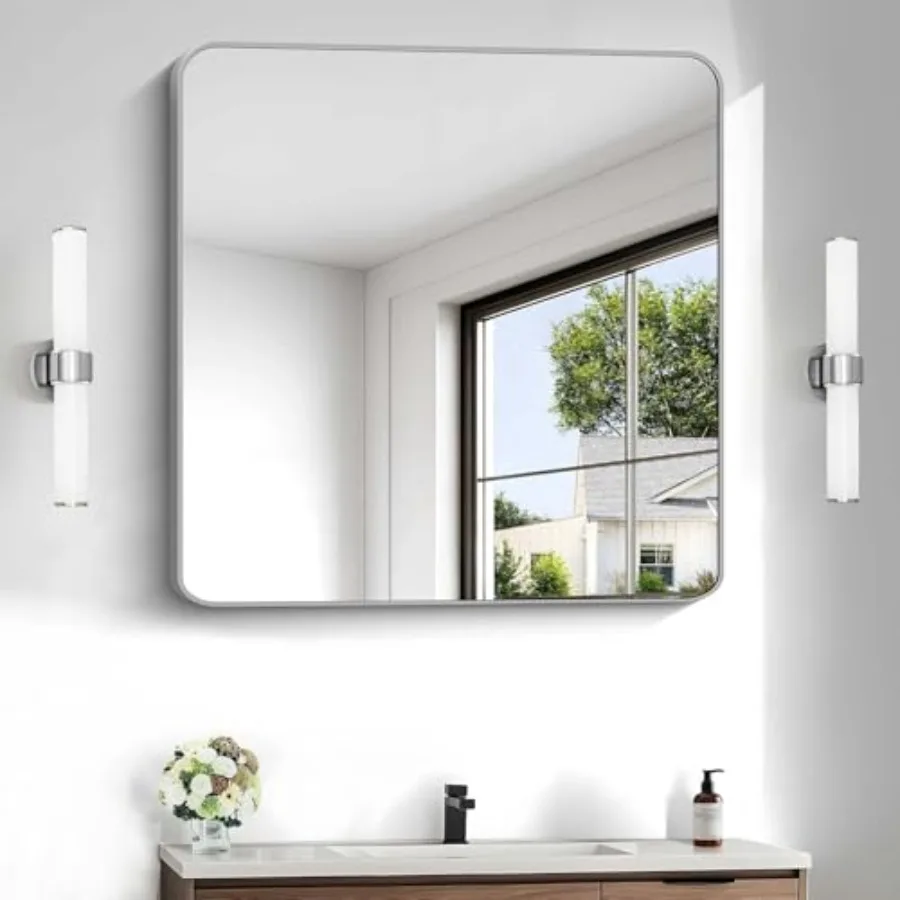 Bathroom vanity mirror, silver metal frame, silver color, rounded corners and wall-mounted for living room bedroom entryway, 30
Bathroom vanity mirror, silver metal frame, silver color, rounded corners and wall-mounted for living room bedroom entryway, 30