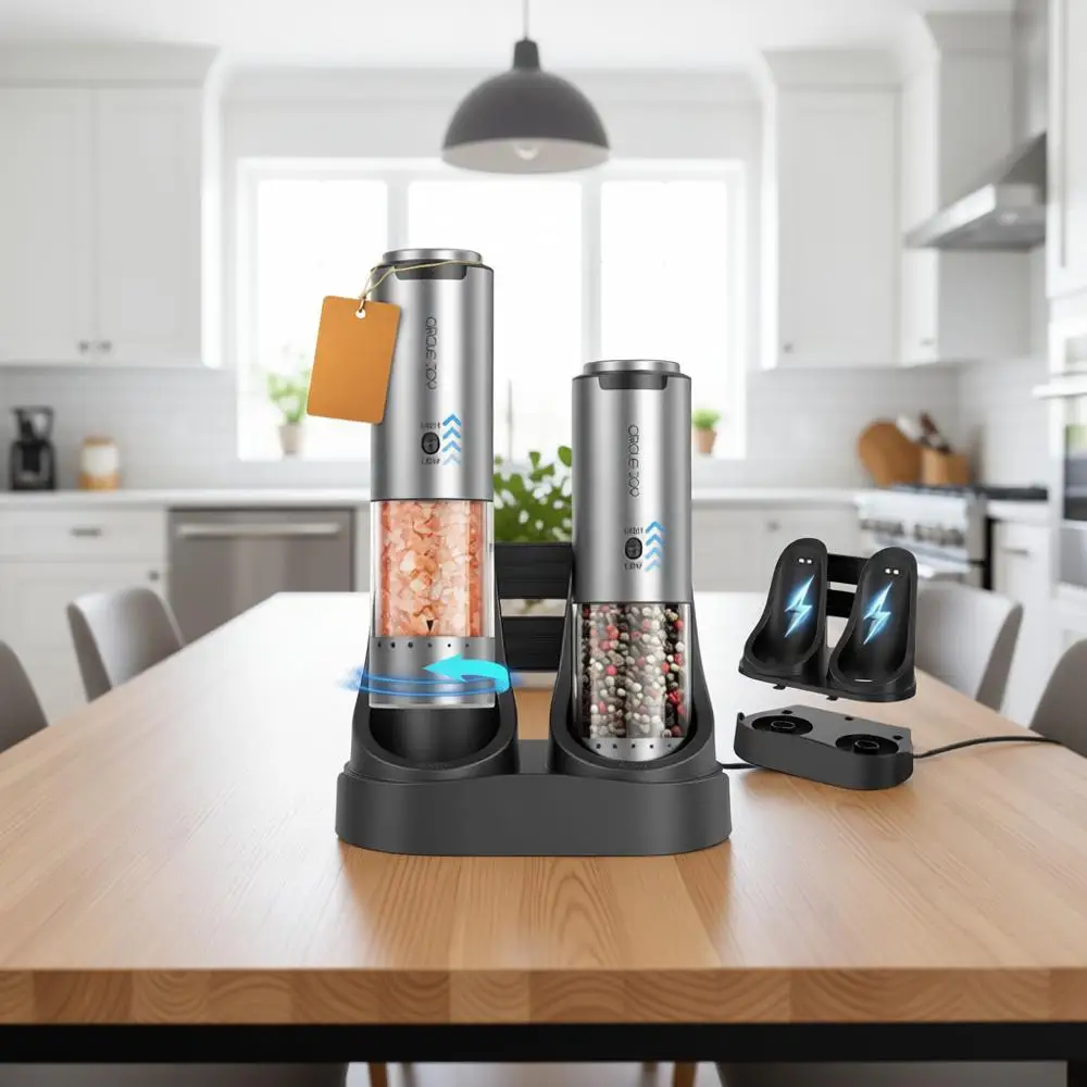 Rechargeable Stainless Steel Electric Pepper Grinders with Variable Grinding Speed, Adjustable Coarseness, Charging Base, White
Rechargeable Stainless Steel Electric Pepper Grinders with Variable Grinding Speed, Adjustable Coarseness, Charging Base, White