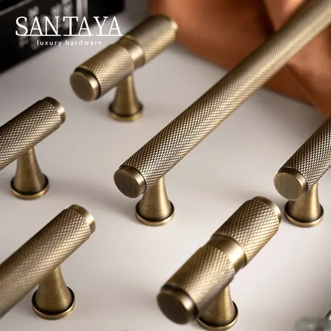 Santaya Solid Antique Brass Diamond-cut Cross Knurl Pattern Bronze Wardrobe Cabinet Handles T-bar Knobs Pitch 320mm Long Pull