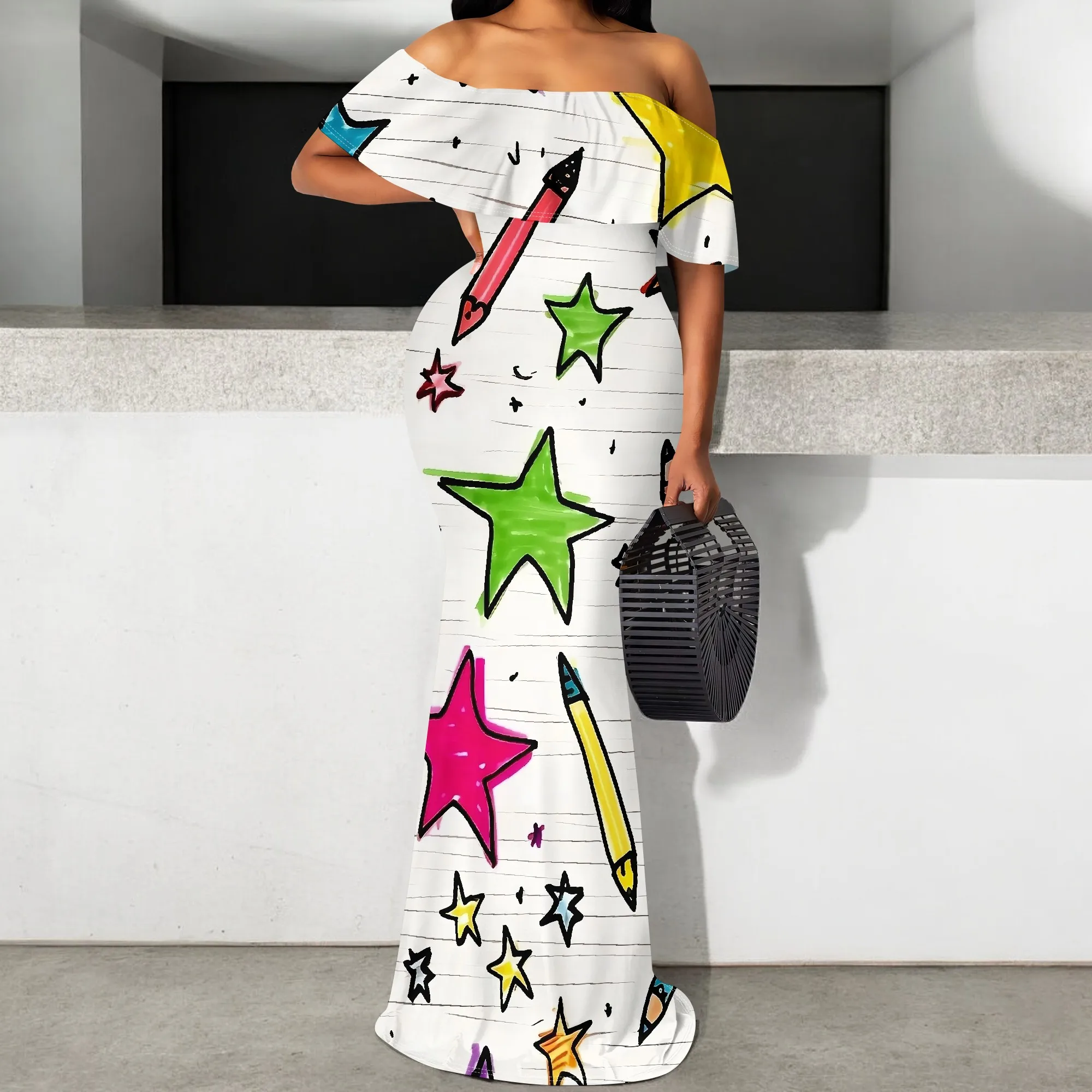 Women's Off-Shoulder Maxi Dress 2025 New Arrival Doodle Star & Pencil Print Casual Dress S-3XL Summer Fun Wear
Women's Off-Shoulder Maxi Dress 2025 New Arrival Doodle Star & Pencil Print Casual Dress S-3XL Summer Fun Wear