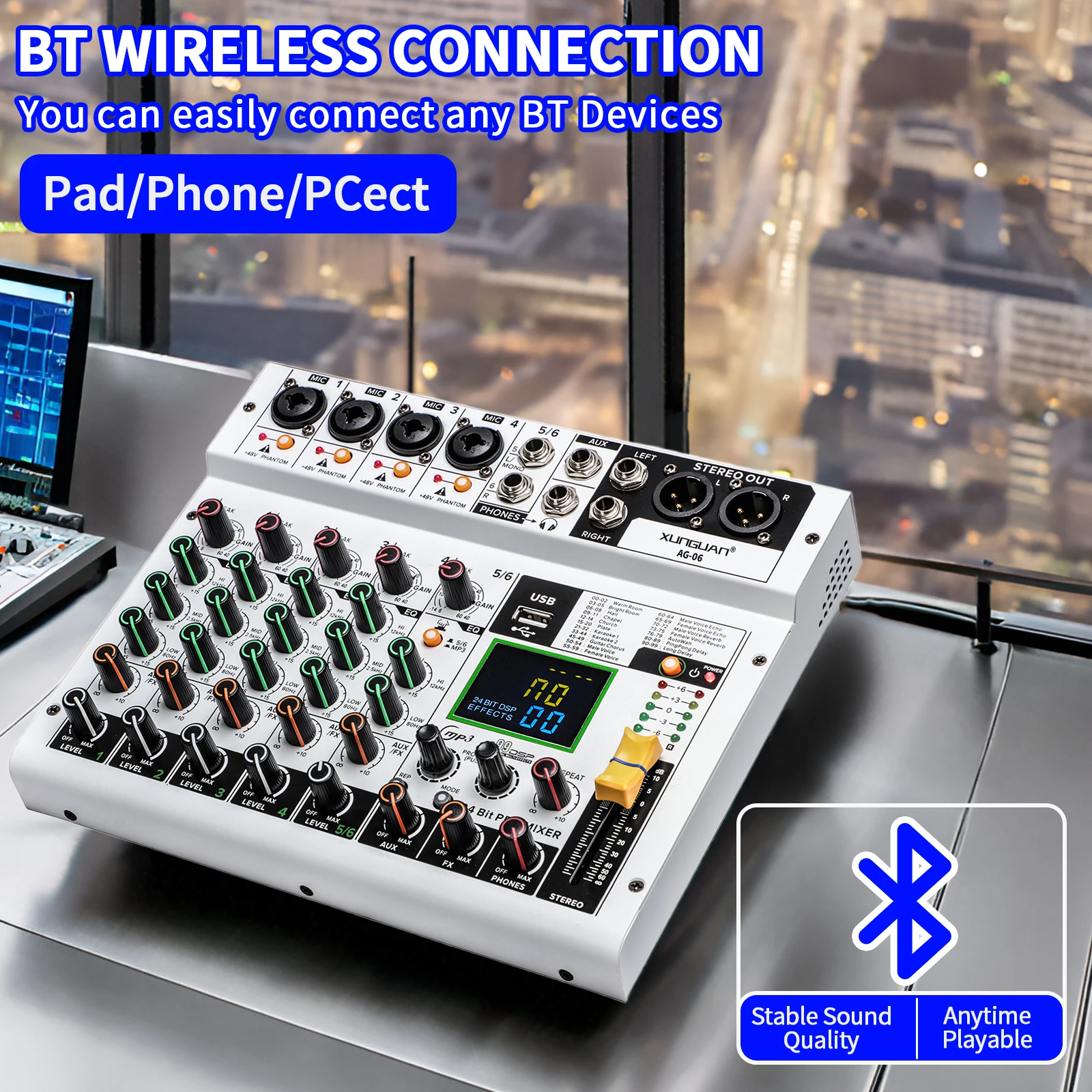 6-канальный профессиональный микшер с эффектом 99DSP, USB, Bluetooth, сценический бар, свадебный аудиомикшер, подходит для начинающих, хорошо
6-канальный профессиональный микшер с эффектом 99DSP, USB, Bluetooth, сценический бар, свадебный аудиомикшер, подходит для начинающих, хорошо
