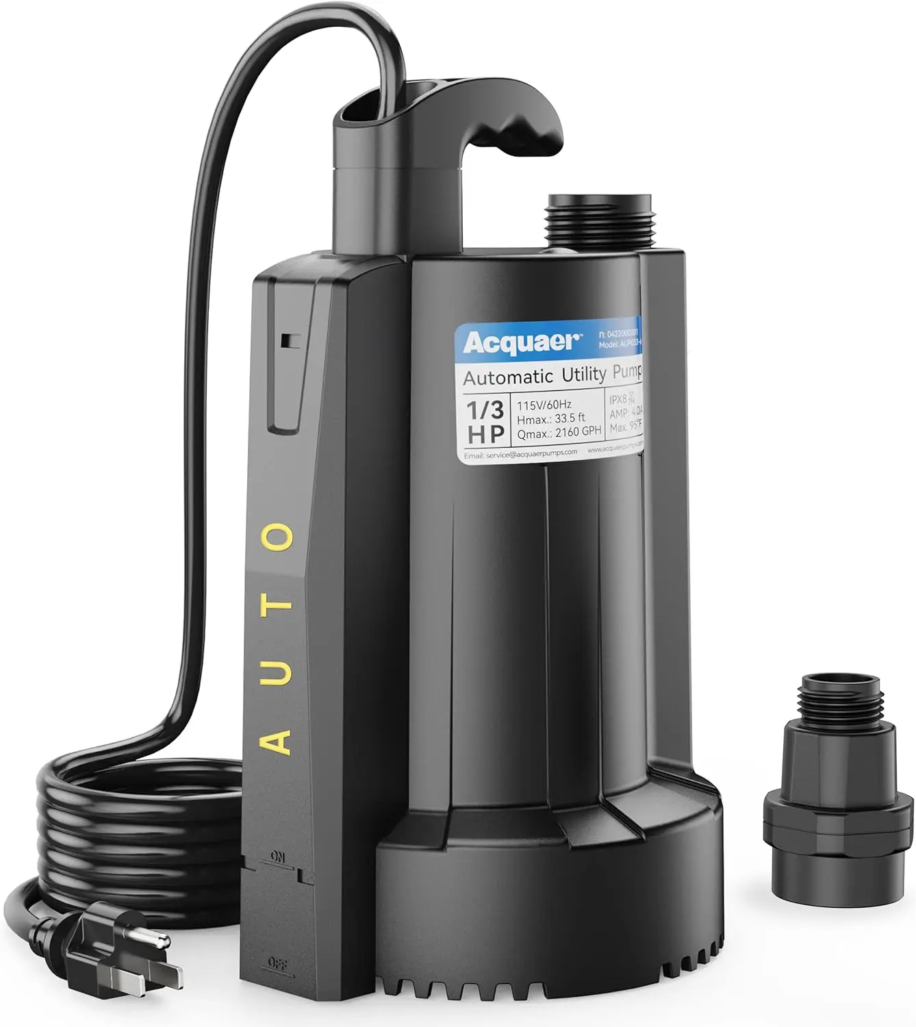 Automatic Submersible Water Sump Pump, 115V with 3/4” Garden Hose Check Valve Adapter,2160 GPH High Flow Water Re
Automatic Submersible Water Sump Pump, 115V with 3/4” Garden Hose Check Valve Adapter,2160 GPH High Flow Water Re