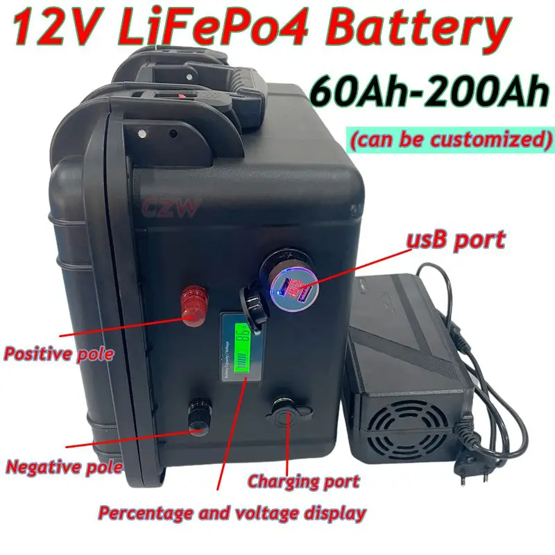 iFePo4 12V 60AH/80AH/100AH/120AH/150AH/180/200AH Lithium Battery with bms for fish boat vehicle power supply +10A charger 
iFePo4 12V 60AH/80AH/100AH/120AH/150AH/180/200AH Lithium Battery with bms for fish boat vehicle power supply +10A charger