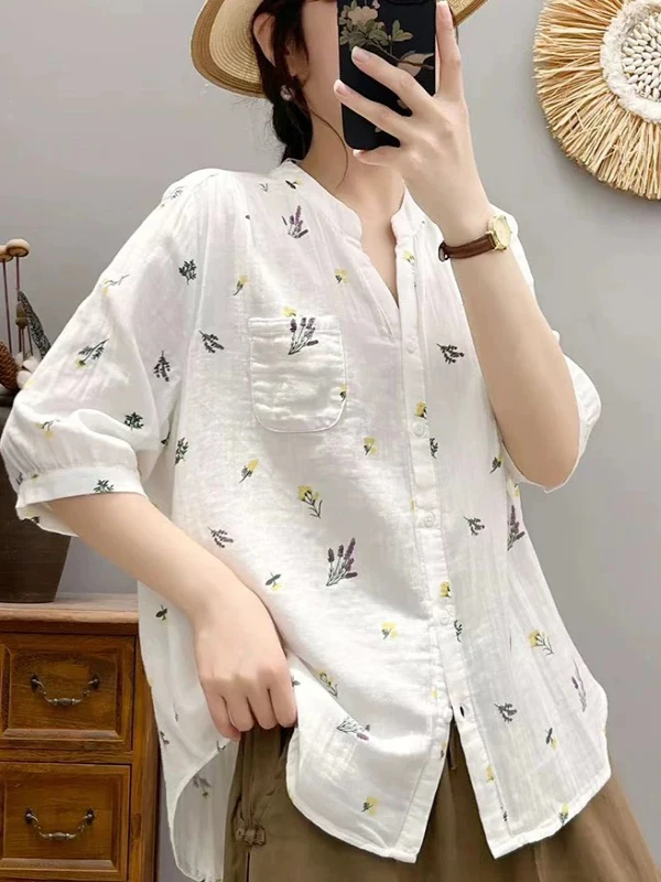 Floral Cotton Casual Shirt Double Layer Vintage Style Loose Fit Women's Top Summer Fashion Ageless Middle Sleeve Shirt
Floral Cotton Casual Shirt Double Layer Vintage Style Loose Fit Women's Top Summer Fashion Ageless Middle Sleeve Shirt