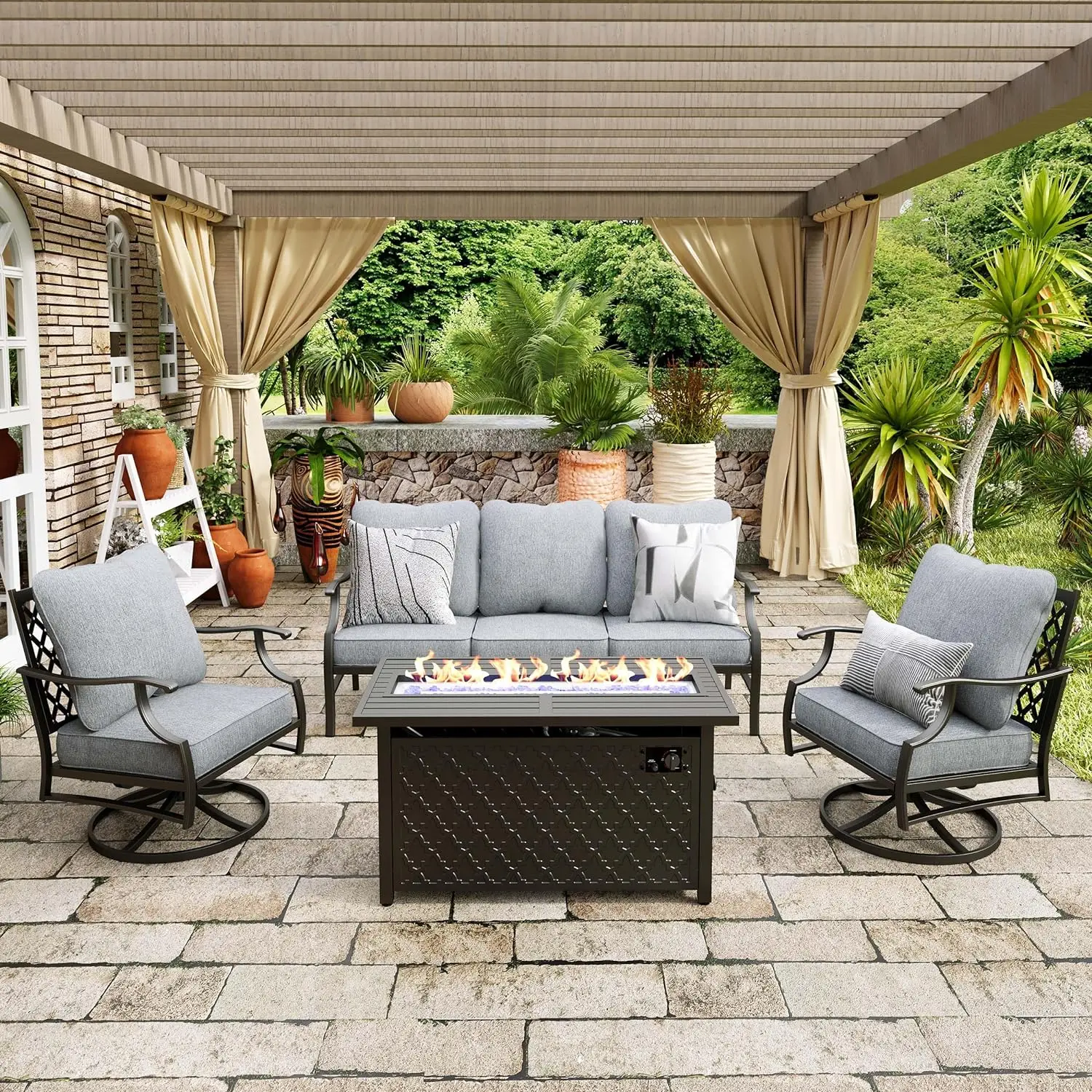 4 Piece Patio Furniture Set with Fire Pit Table with 5.75" Extra Thick Back Cushions and Gas Fire Pit Table, Gray
4 Piece Patio Furniture Set with Fire Pit Table with 5.75" Extra Thick Back Cushions and Gas Fire Pit Table, Gray