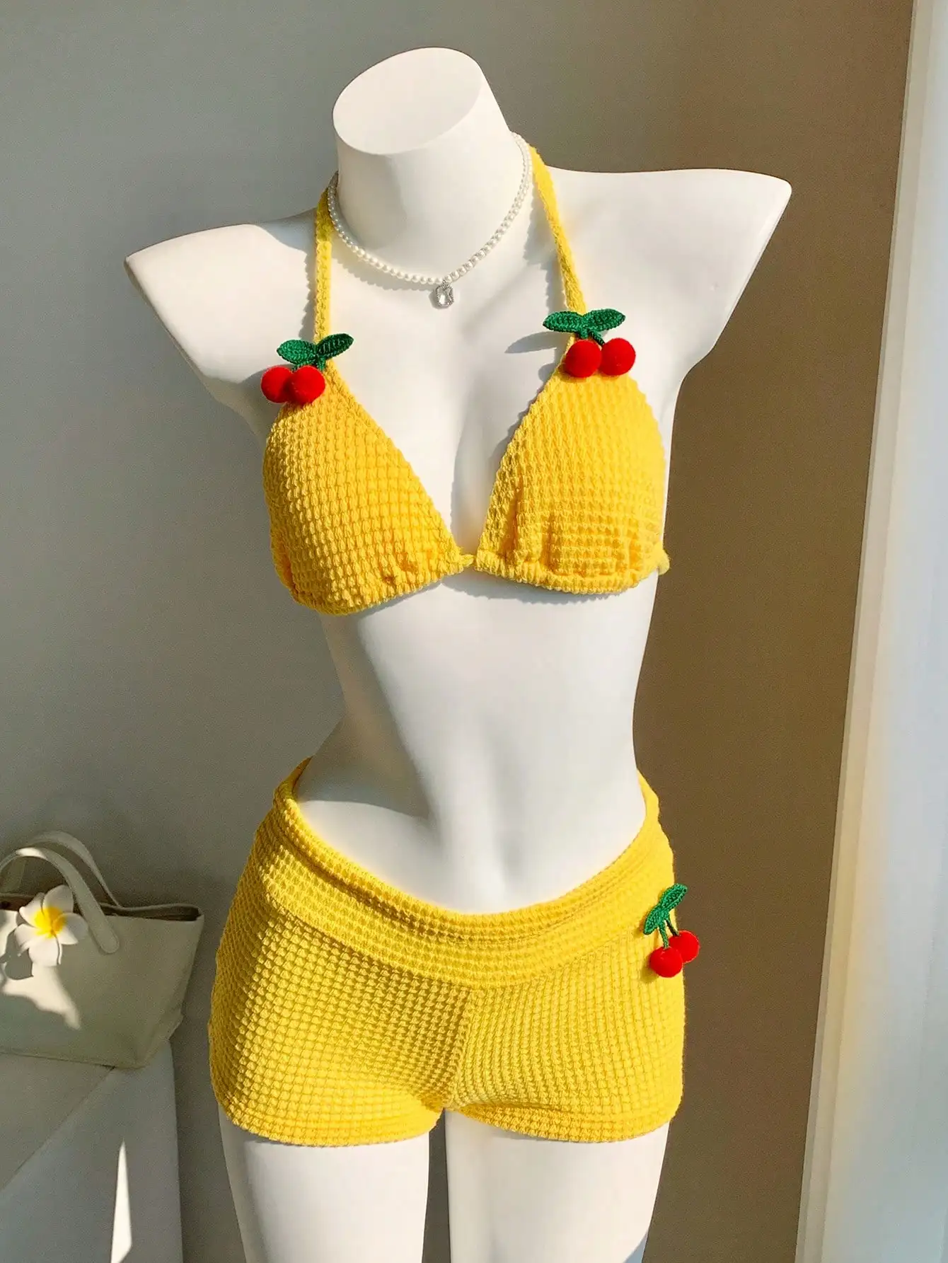 Bright Yellow Handcrafted Crochet Bikini Set With 3D Cherry Appliqués For Summer Beach Holiday Wear
Bright Yellow Handcrafted Crochet Bikini Set With 3D Cherry Appliqués For Summer Beach Holiday Wear