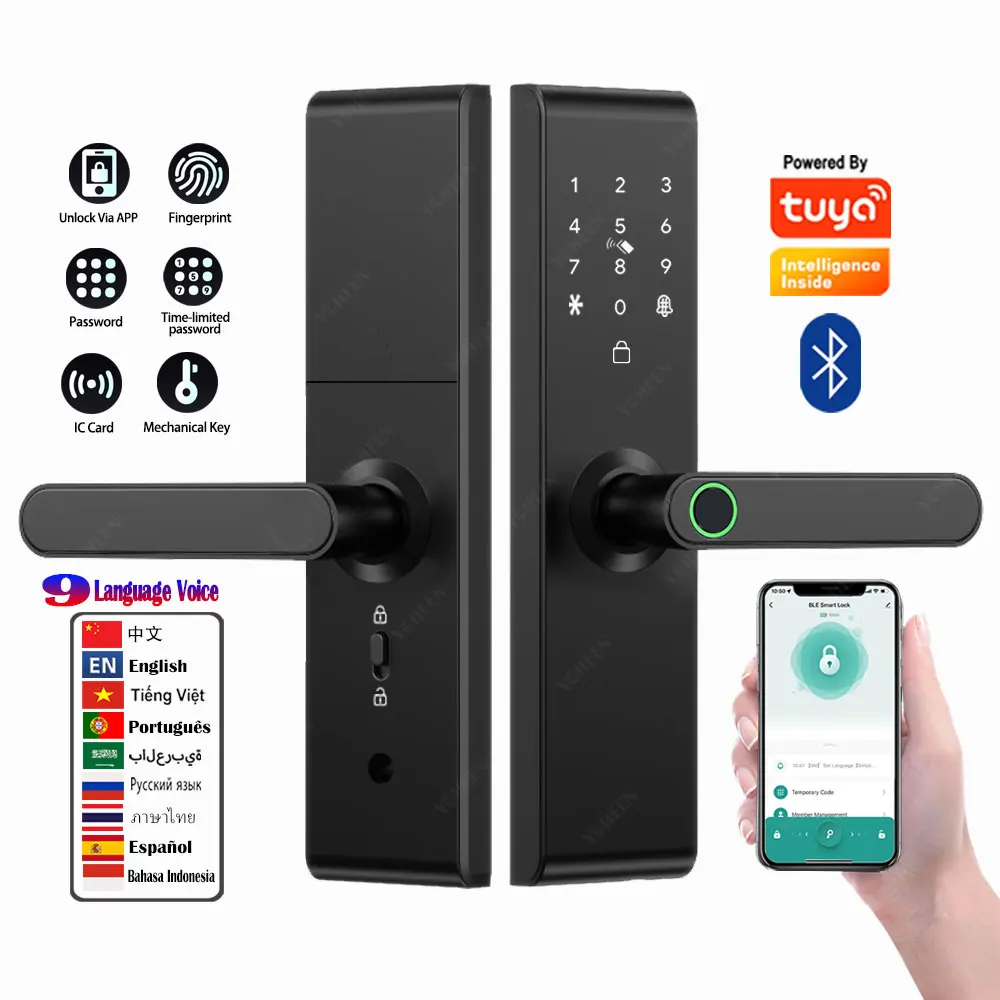 Keyless Tuya Bluetooth APP Digital Biometric Fingerprint Electric Smart Door Handle Key Card Lock with 5050 72 85 Mortise
Keyless Tuya Bluetooth APP Digital Biometric Fingerprint Electric Smart Door Handle Key Card Lock with 5050 72 85 Mortise