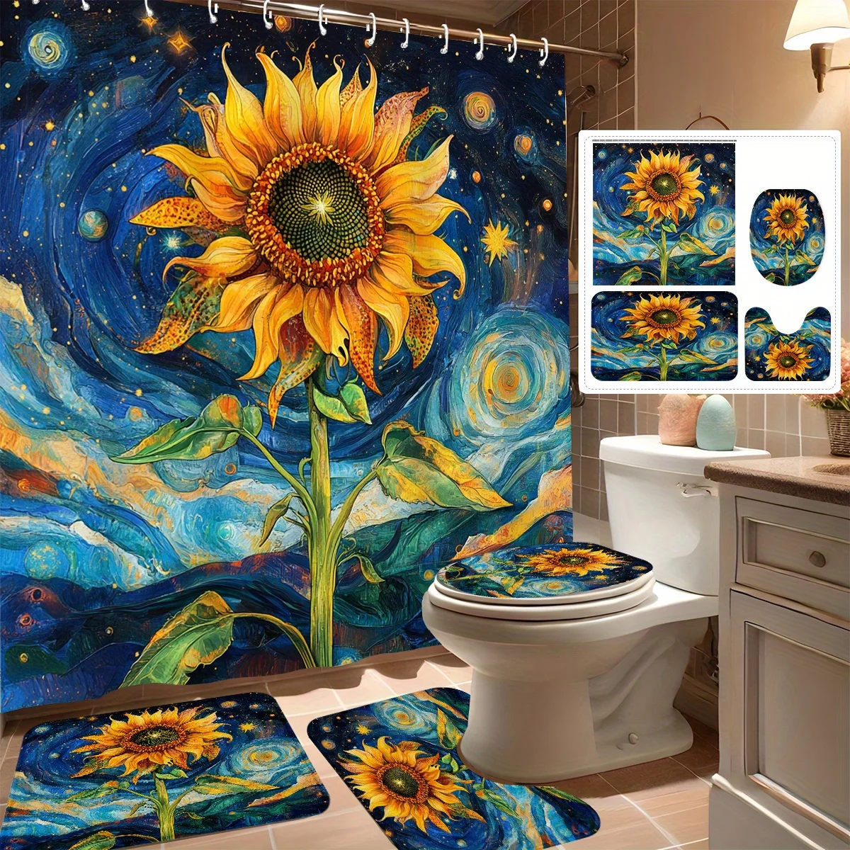 Набор из 4 занавесок для душа, мечтательный звездный подсолнух - современный декор для ванной комнаты с 12 крючками, нескользящим ковриком и U-образной раструбом
Набор из 4 занавесок для душа, мечтательный звездный подсолнух - современный декор для ванной комнаты с 12 крючками, нескользящим ковриком и U-образной раструбом