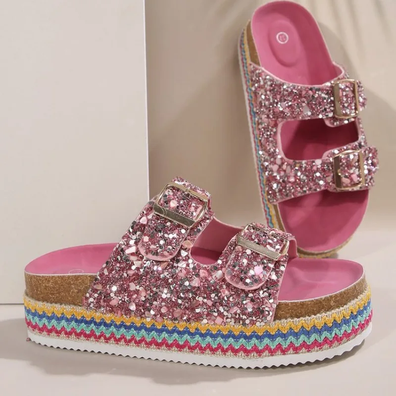 Fashion Pink Beaded Platform Wedge Women's Sandals Rhinestone Double Buckle Beach Women's Slippers Bohemian Cork Woman's Shoes
Fashion Pink Beaded Platform Wedge Women's Sandals Rhinestone Double Buckle Beach Women's Slippers Bohemian Cork Woman's Shoes
