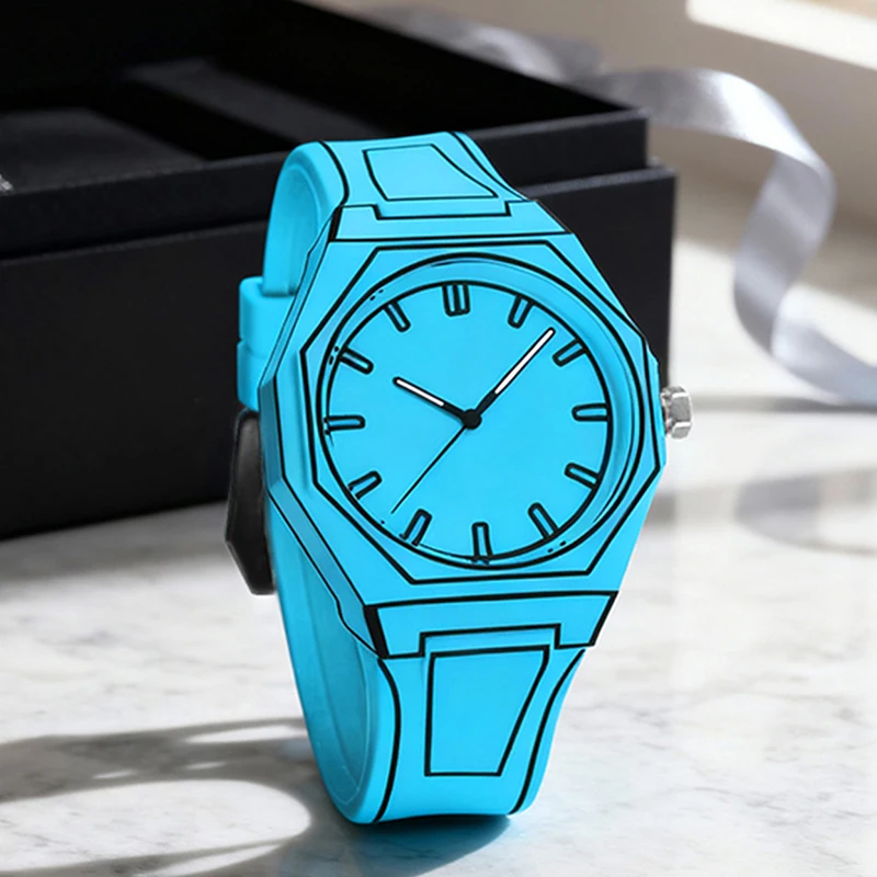 Женские кварцевые часы в минималистском стиле в полоску с синей лентой в стиле комиксов.
Женские кварцевые часы в минималистском стиле в полоску с синей лентой в стиле комиксов.