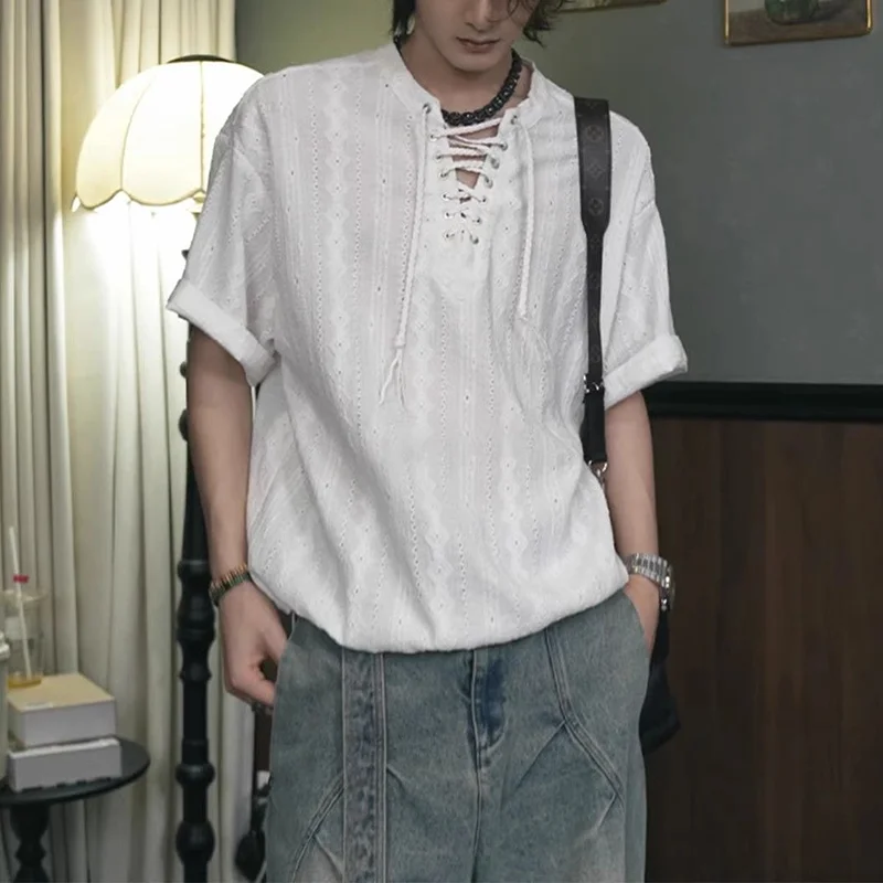 American Collar Tying T-shirt Men's Retro Short Sleeved Jacquard Thin Breathable T-shirt Unisex Beach Vacation Versatile Tops
American Collar Tying T-shirt Men's Retro Short Sleeved Jacquard Thin Breathable T-shirt Unisex Beach Vacation Versatile Tops