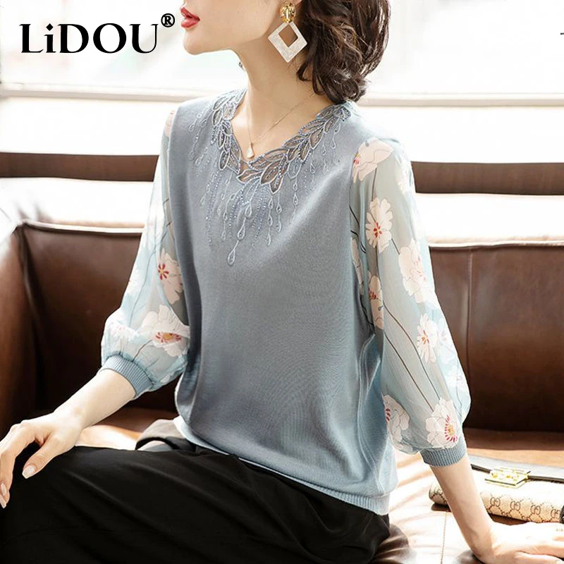 Summer O Neck Knitting Mesh Patchwork T-shirt Ladies 3/4 Sleeve Loose Casual Hollow Out Pullover Top Women Fashion All-match Tee
Summer O Neck Knitting Mesh Patchwork T-shirt Ladies 3/4 Sleeve Loose Casual Hollow Out Pullover Top Women Fashion All-match Tee