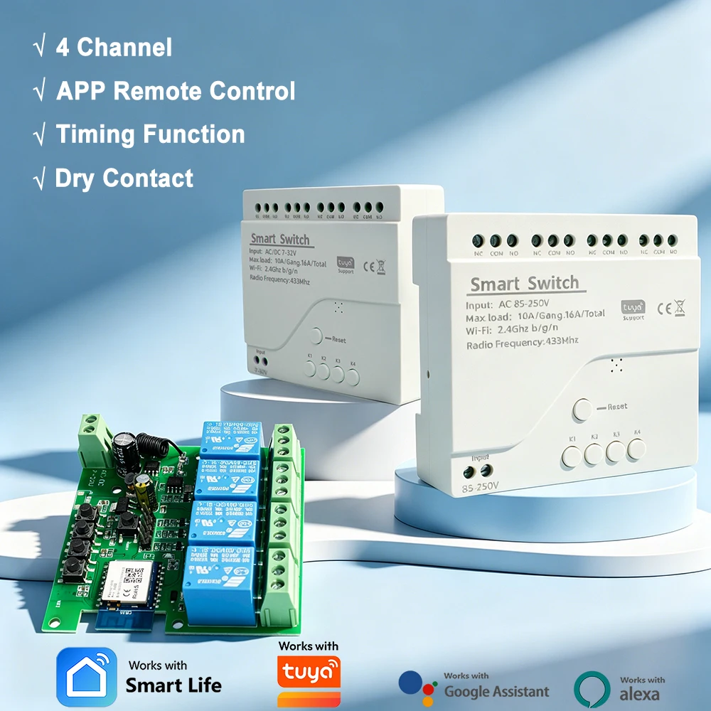 4 Gang WiFi Intelligent Switch Remote Control Circuit Breaker On/Off Controller Wireless Relay Works with Tuya Alexa Google Home