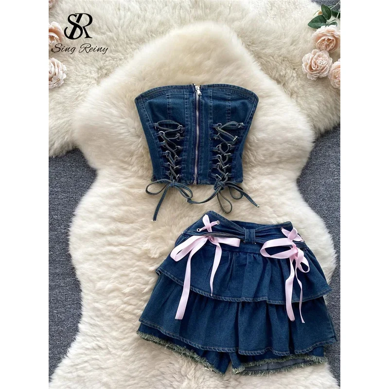ZIXIN Hotsweet Denim Two Pieces Sets Zipper Strapless Y2K Top+Elastic Mini Culottes Lace Up Cross Bandage Streetwear Suits
ZIXIN Hotsweet Denim Two Pieces Sets Zipper Strapless Y2K Top+Elastic Mini Culottes Lace Up Cross Bandage Streetwear Suits