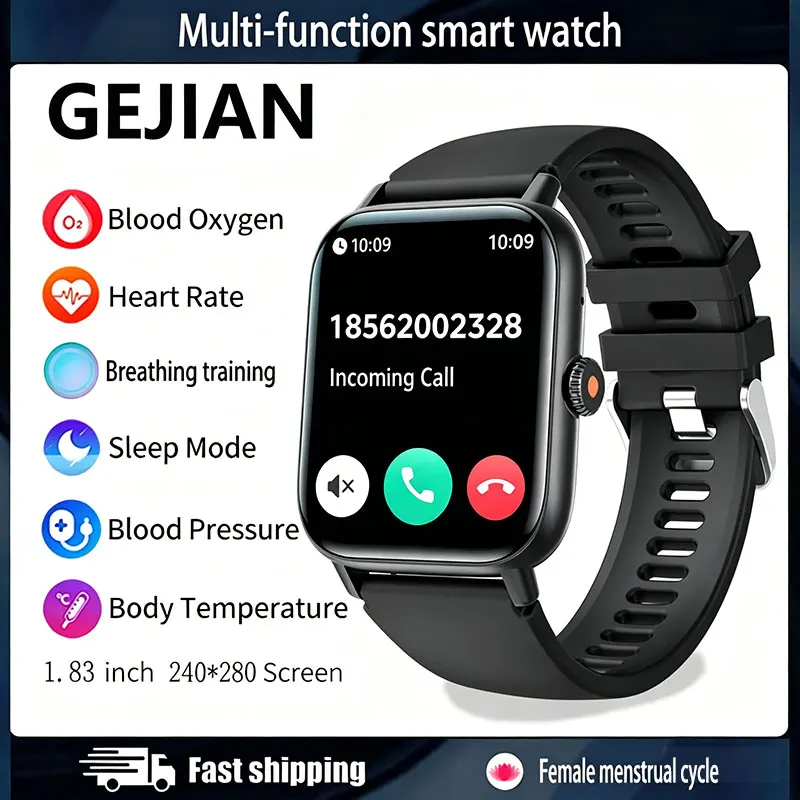 GEJIAN New Health Smart Watch For Android and iOS 1.83-inch HD Screen Heart Rate Health Monitoring Bluetooth call IP67 Smartwatc