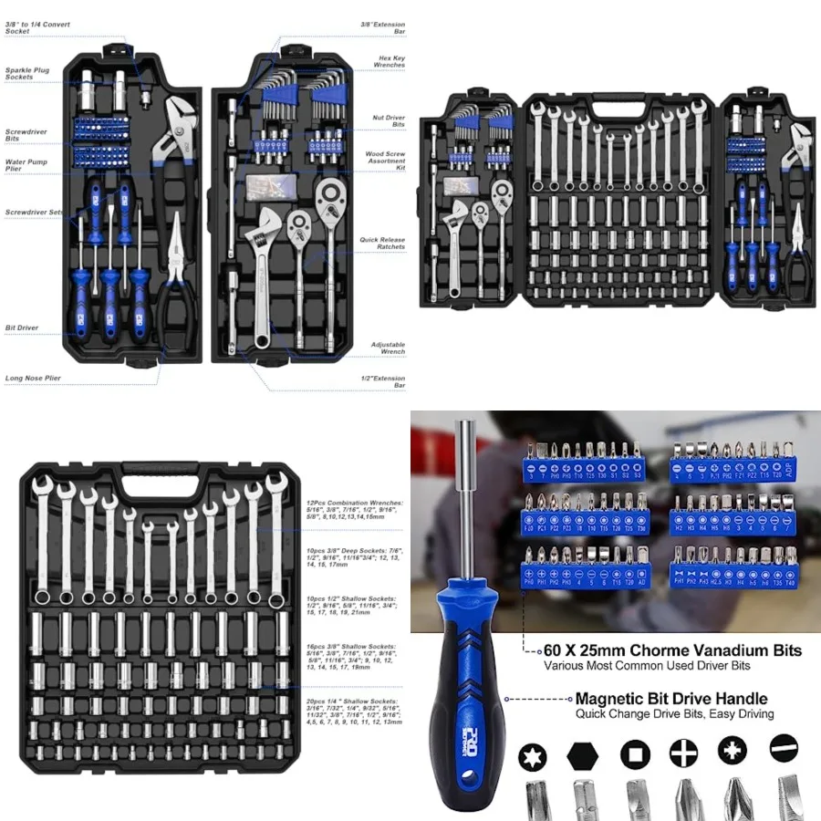 240-Piece Mechanics Tool Set, General Assorted SAE/Metric Sockets and Wrenches Automotive Repair Tool Kit with Plastic Storage Toolbox
240-Piece Mechanics Tool Set, General Assorted SAE/Metric Sockets and Wrenches Automotive Repair Tool Kit with Plastic Storage Toolbox