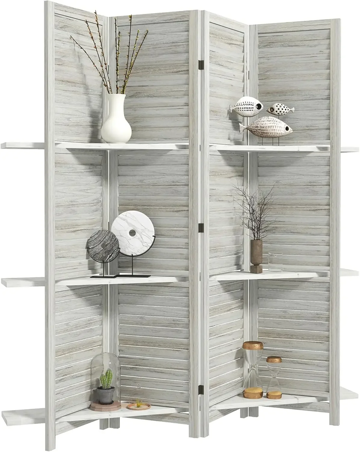 Minimalist 4 Panel 67" Tall Wood Privacy Screen Folding Storage Room Divider, with 3 Display Shelves for Bedroom or Home Office
Minimalist 4 Panel 67" Tall Wood Privacy Screen Folding Storage Room Divider, with 3 Display Shelves for Bedroom or Home Office