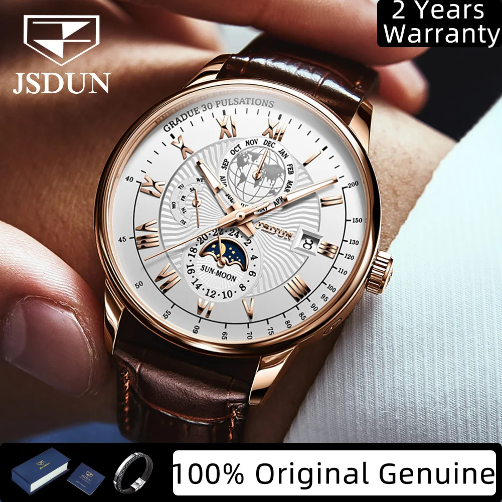 JSDUN 8909 Automatic Watch For Men Moon Phase Calendar Mechanical Man Watch Leather Strap Original Waterproof Luminous Watches
JSDUN 8909 Automatic Watch For Men Moon Phase Calendar Mechanical Man Watch Leather Strap Original Waterproof Luminous Watches