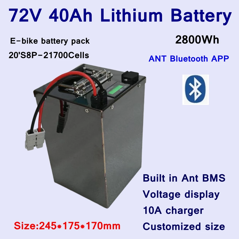 E-bike Batterie Lithium ion 72V, 40Ah avec BMS Bluetooth, for E-bike Scooter, Moto, avec Charger 84V10A, 5000/3000W/14KW/20KW
E-bike Batterie Lithium ion 72V, 40Ah avec BMS Bluetooth, for E-bike Scooter, Moto, avec Charger 84V10A, 5000/3000W/14KW/20KW