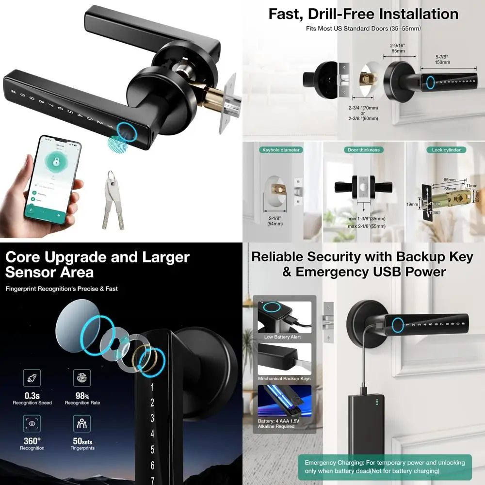 Keyless Entry Door Handle with Fingerprint, Keypad, and App Control - 4-in-1 Biometric Smart Lock for Secure Access
Keyless Entry Door Handle with Fingerprint, Keypad, and App Control - 4-in-1 Biometric Smart Lock for Secure Access