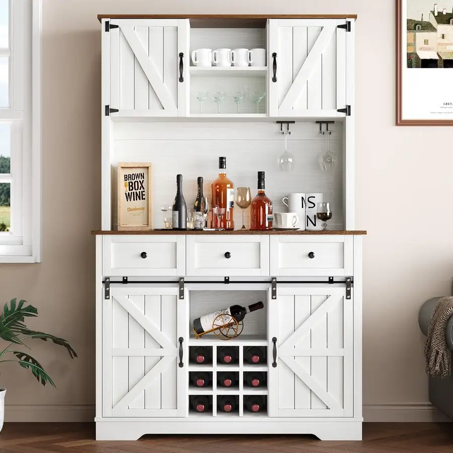 Farmhosue Coffee Bar Cabinet with Storage Shelves and 3 Drawers, Kitchen Hutch Storage Cabinet with Sliding Barn Door amp Wine R
Farmhosue Coffee Bar Cabinet with Storage Shelves and 3 Drawers, Kitchen Hutch Storage Cabinet with Sliding Barn Door amp Wine R
