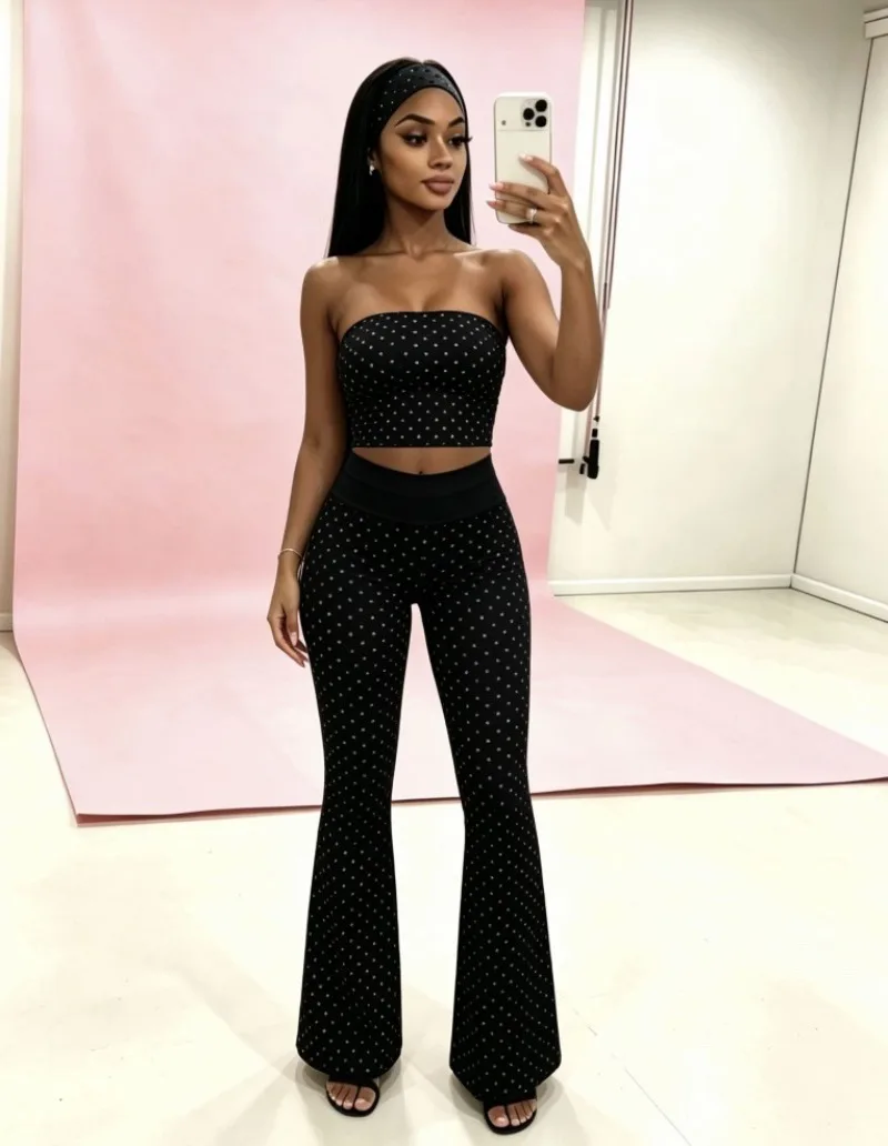 KEXU Fashion Women Polka Dot Strapless High Waist Flared Pants Three Piece Set with Headscarf
KEXU Fashion Women Polka Dot Strapless High Waist Flared Pants Three Piece Set with Headscarf