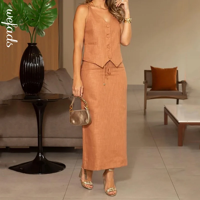 Women 2024 Fashion Women Summer Two Piece Set Office Solid V Neck Sleeveless Single Breasted Button Vest Top A Line Skirt Sets
Women 2024 Fashion Women Summer Two Piece Set Office Solid V Neck Sleeveless Single Breasted Button Vest Top A Line Skirt Sets