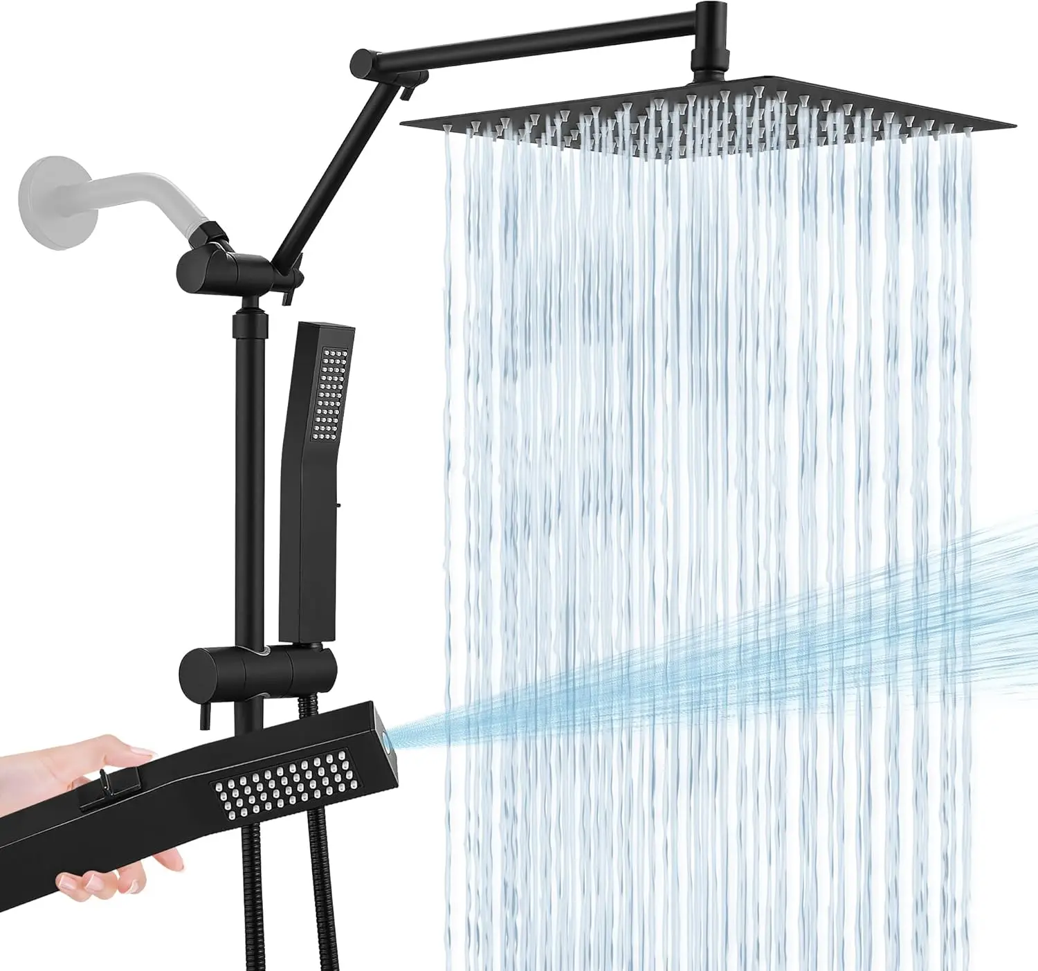 Rain Shower Head with Handheld Combo, 10 Inch Square, High Pressure, Adjustable Extension Arm, 3-Way Diverter, Matte Black
Rain Shower Head with Handheld Combo, 10 Inch Square, High Pressure, Adjustable Extension Arm, 3-Way Diverter, Matte Black