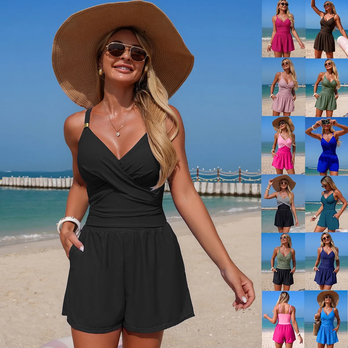 Women's Sleeveless Solid Color Black Swimwear V Neck Cross Front Teal Swimsuit High Waist Shorts Olive Green High Elasticity
Women's Sleeveless Solid Color Black Swimwear V Neck Cross Front Teal Swimsuit High Waist Shorts Olive Green High Elasticity
