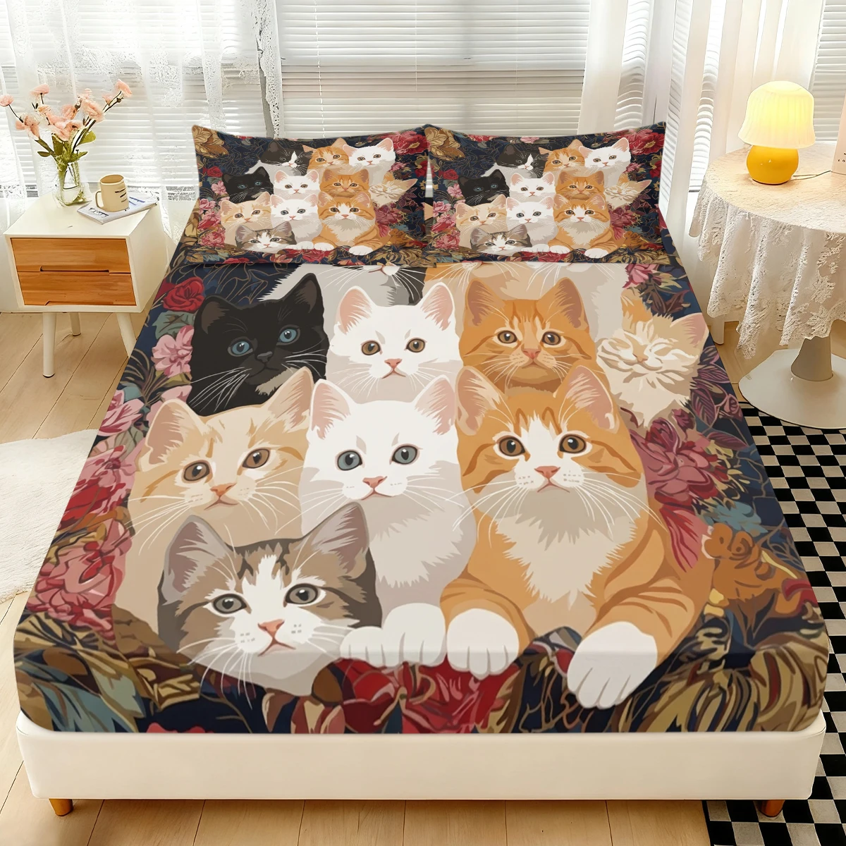 Dark Antique Floral Frame Kitten Fitted Sheet 3PCS, Multi Color Cat Faces Gathering Elastic Mattress Cover with Pillowcases
Dark Antique Floral Frame Kitten Fitted Sheet 3PCS, Multi Color Cat Faces Gathering Elastic Mattress Cover with Pillowcases