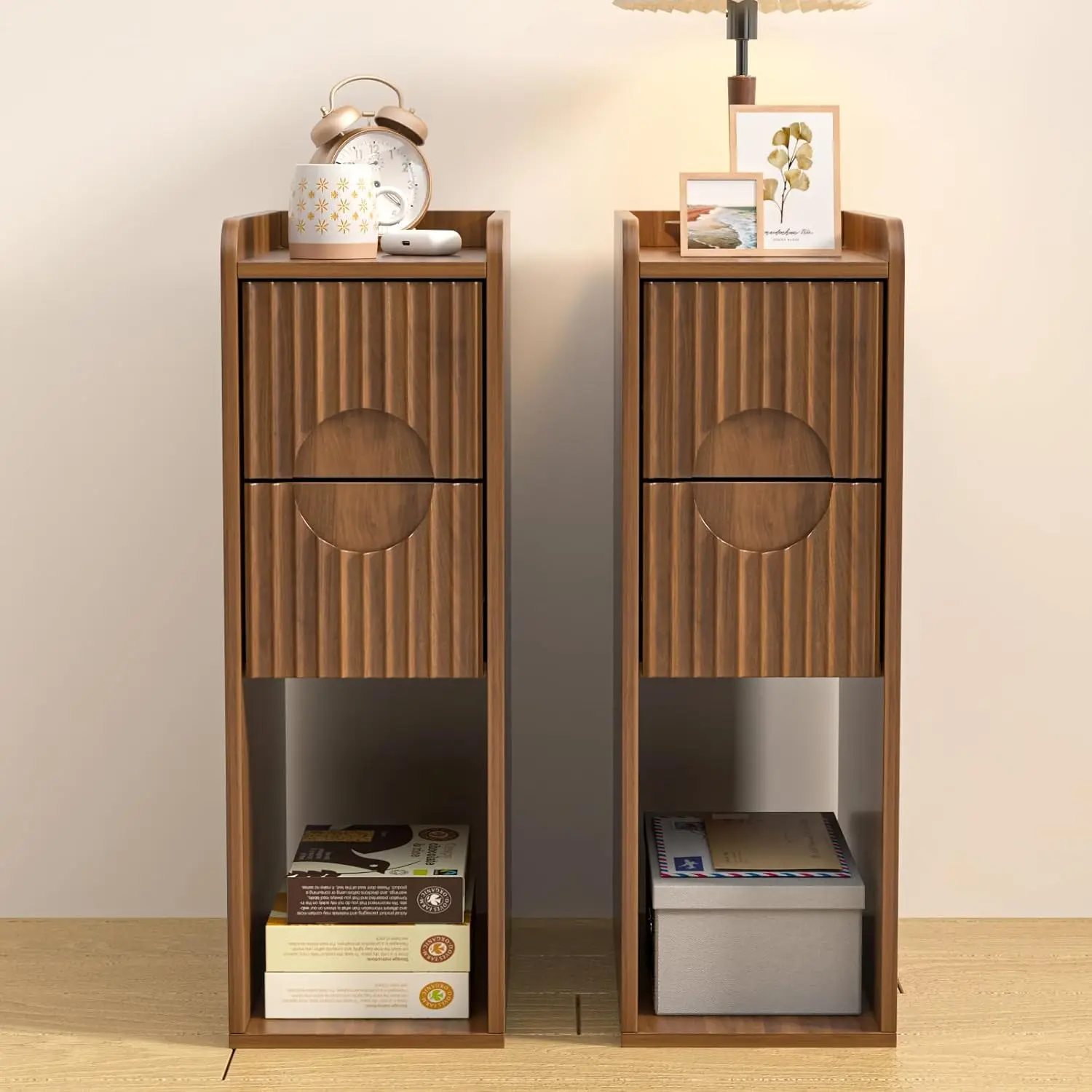 Narrow Fluted Nightstand Set of 2, Wooden Small 2 Drawer Nightstand, Slim Side End Table, Vintage Bedside Table, Mid Century
Narrow Fluted Nightstand Set of 2, Wooden Small 2 Drawer Nightstand, Slim Side End Table, Vintage Bedside Table, Mid Century