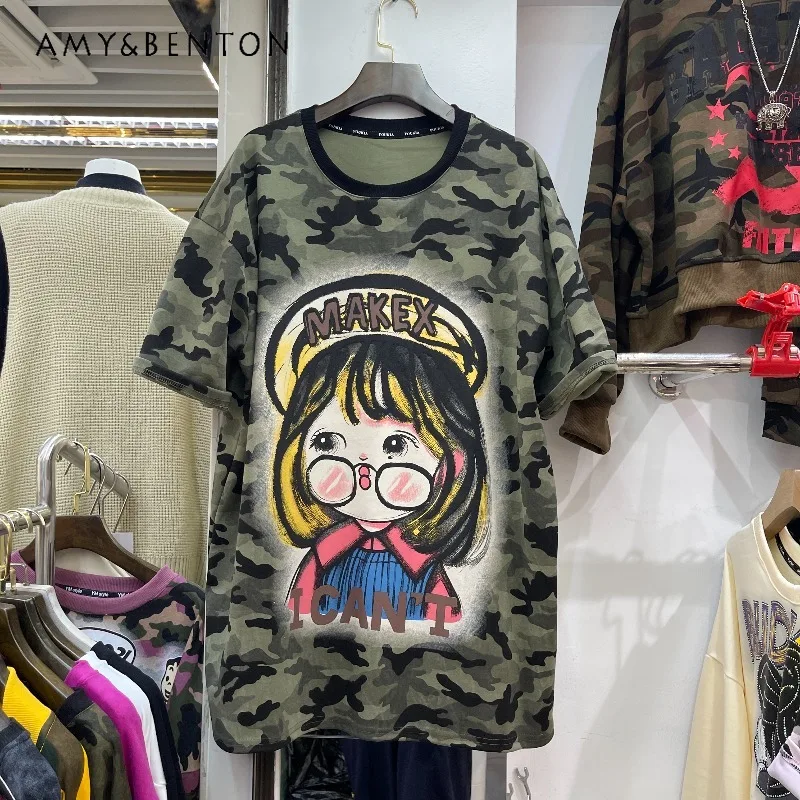 2025 Autumn New Loose Mid-Length Heavy Industry Camouflage Cartoon Girl Short Sleeves T-shirt Versatile Trendy Sweet Cute Tees 
2025 Autumn New Loose Mid-Length Heavy Industry Camouflage Cartoon Girl Short Sleeves T-shirt Versatile Trendy Sweet Cute Tees