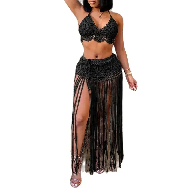 Women Hand Knit Two Piece Sets Hanging Neck Backless Bikini Top Wrap Hip Skirt Splicing Extra Long Fringe Female Beach Suits New
Women Hand Knit Two Piece Sets Hanging Neck Backless Bikini Top Wrap Hip Skirt Splicing Extra Long Fringe Female Beach Suits New