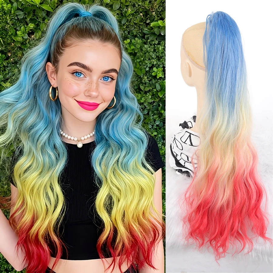 26inch Women's Rainbow Colored Ponytail Wig- Synthetic Hair With Safety Clip, Gradient Multi-Color, Suitable for Daily Wear
26inch Women's Rainbow Colored Ponytail Wig- Synthetic Hair With Safety Clip, Gradient Multi-Color, Suitable for Daily Wear
