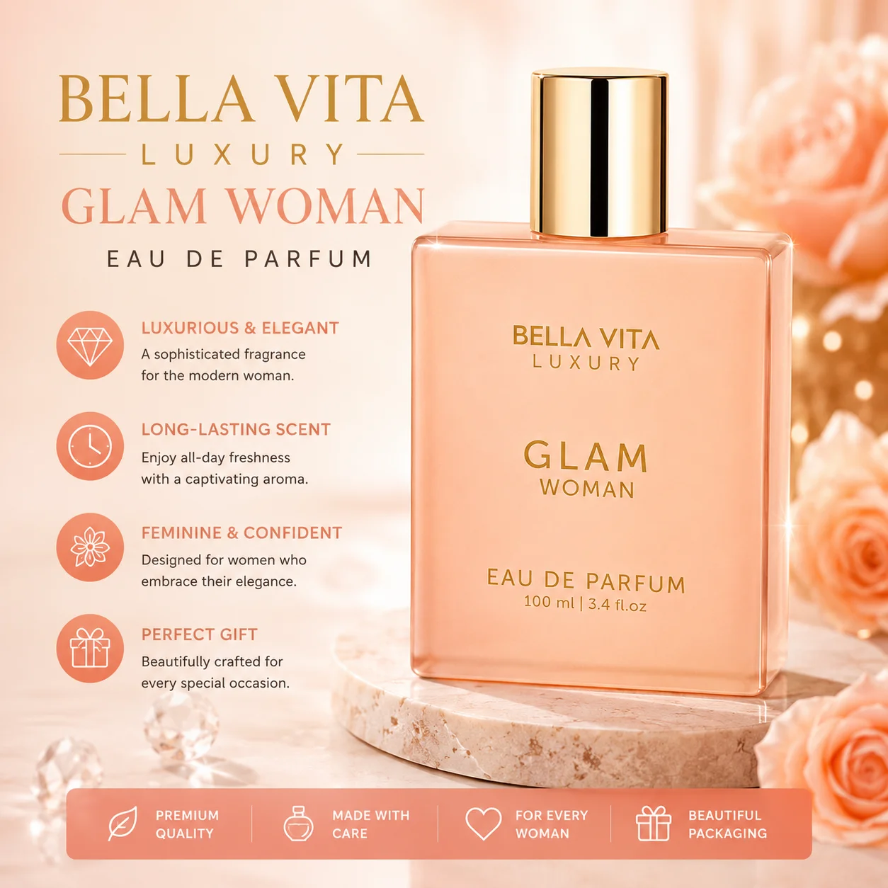 Bella Vita Luxury Glam Woman EDP 100ml - Long Lasting Floral Fragrance For Women - Elegant Pink Bottle Perfume Gift
Bella Vita Luxury Glam Woman EDP 100ml - Long Lasting Floral Fragrance For Women - Elegant Pink Bottle Perfume Gift