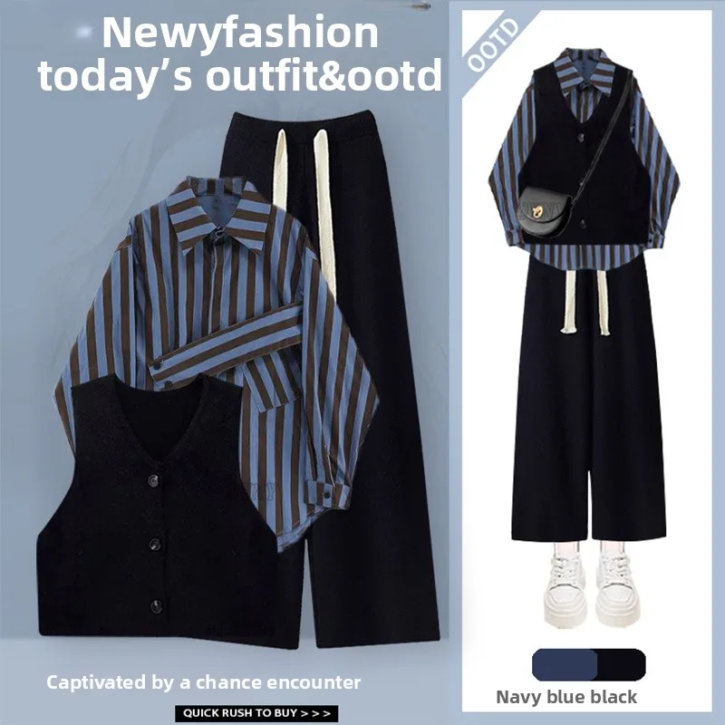 Women's Long Sleeve Shirt Striped Casual Design Autumn New Style Three Piece Set with Long Pants Versatile for Daily Wear
Women's Long Sleeve Shirt Striped Casual Design Autumn New Style Three Piece Set with Long Pants Versatile for Daily Wear