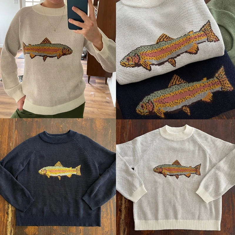 2025 Women Autumn Winter Y2K Loose Fit Sweater Round Neck Aesthetic Fish Print Contrast Color Knitwear Pullover Top Streetwear 
2025 Women Autumn Winter Y2K Loose Fit Sweater Round Neck Aesthetic Fish Print Contrast Color Knitwear Pullover Top Streetwear