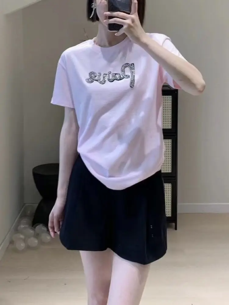 Women Pink or White T-Shirt Letter Rhinestone Patchwork Round Neck Short Sleeve Casual Summer 2024 Cotton Tee Tops
Women Pink or White T-Shirt Letter Rhinestone Patchwork Round Neck Short Sleeve Casual Summer 2024 Cotton Tee Tops