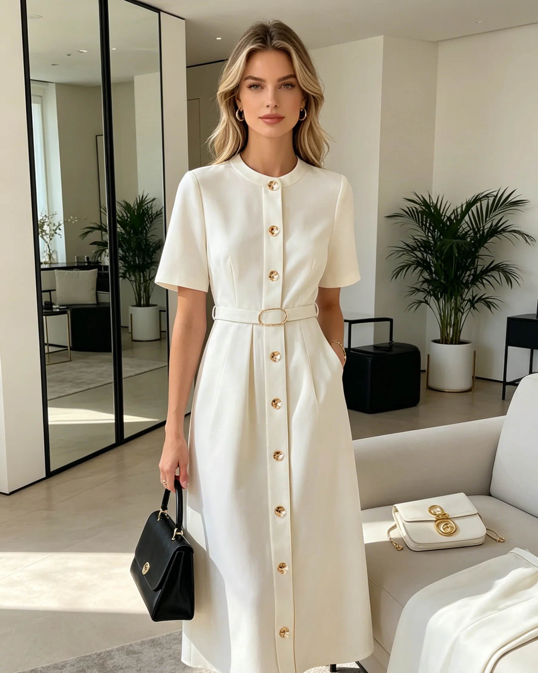 Women's Elegant Simple Round Neck Single Breasted Short Sleeve Belt Midi Dress women dress Women's Elegant Beige Midi Dress
Women's Elegant Simple Round Neck Single Breasted Short Sleeve Belt Midi Dress women dress Women's Elegant Beige Midi Dress