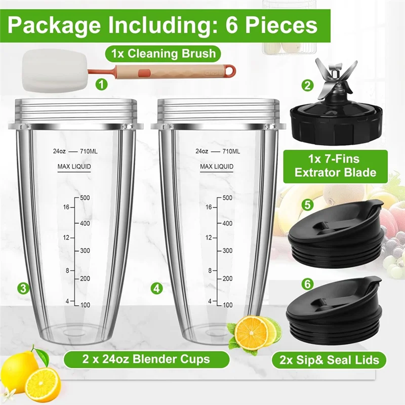 ABRO-Blender Replacement Parts For Ninja, 2 24Oz Ninja Blender Cups Replacement With To-Go Lids, 7-Fins Extractor Blade
ABRO-Blender Replacement Parts For Ninja, 2 24Oz Ninja Blender Cups Replacement With To-Go Lids, 7-Fins Extractor Blade