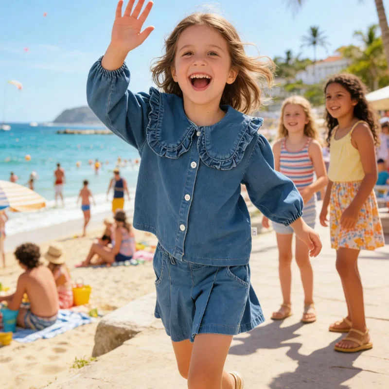 Летний костюм для девочек 2026: джинсовый топ с отложным воротником и коротким рукавом, джинсовая юбка, повседневный пляжный наряд для девочек 2-7 лет
Летний костюм для девочек 2026: джинсовый топ с отложным воротником и коротким рукавом, джинсовая юбка, повседневный пляжный наряд для девочек 2-7 лет