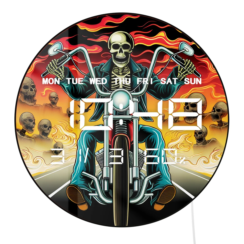 Мотоциклист Череп Байкер Умные светодиодные цифровые настенные часы с затемнением 12/24-часовой таймер Электрические часы с календарем Дата Температура
Мотоциклист Череп Байкер Умные светодиодные цифровые настенные часы с затемнением 12/24-часовой таймер Электрические часы с календарем Дата Температура