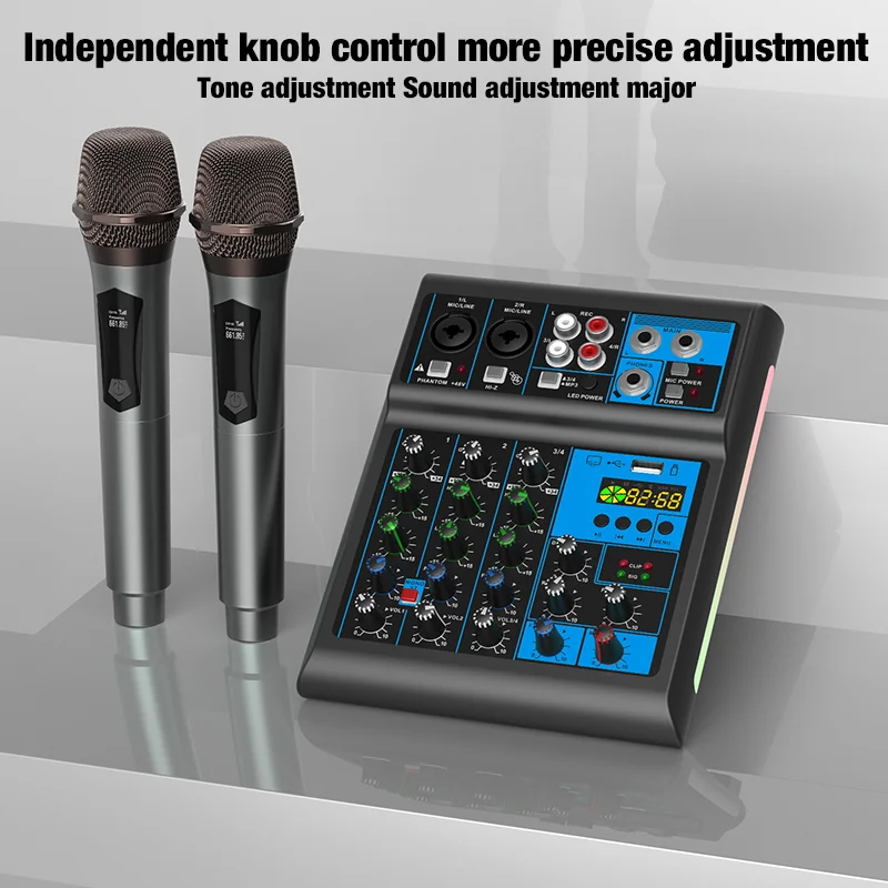 4 live streams audio mixer is equipped with built-in microphones and wireless microphones. It is suitable for home gatherings
4 live streams audio mixer is equipped with built-in microphones and wireless microphones. It is suitable for home gatherings